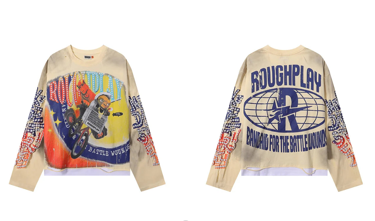 New American Style Rough Play Splicing Shinning Diamond 100% Cotton long sleeves T-shirts for Men Women Crew Neck Loose Summer T-shirt Oversized Tees