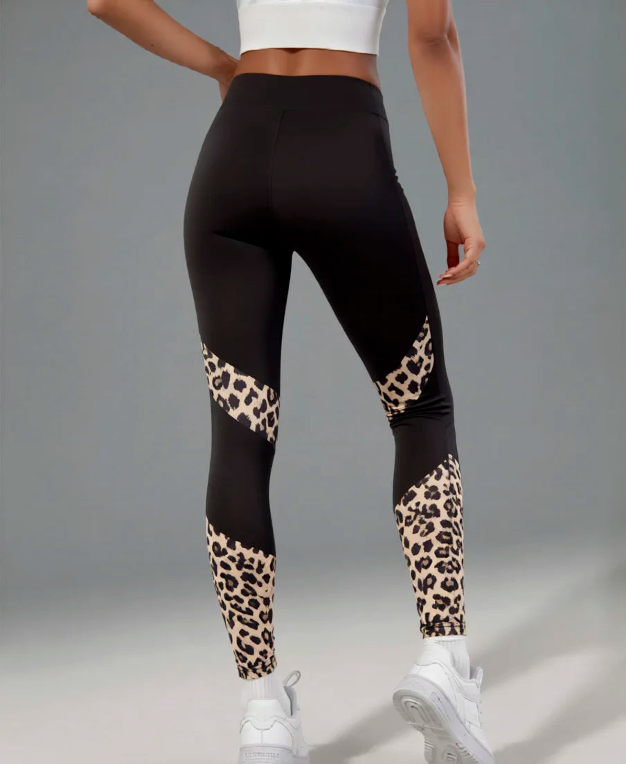 Women's High Waist Leopard Print Leggings Slim Fit Sports Pants Side Pockets Activewear