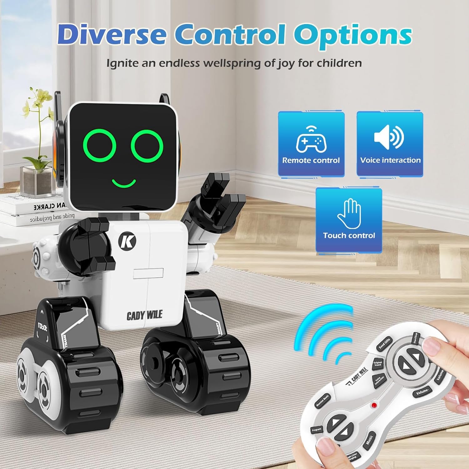 Rechargeable RC Robot Toy for Kids - Interactive Intelligent LED Light, Speaks, Dances, Built-In Coin Bank (White)