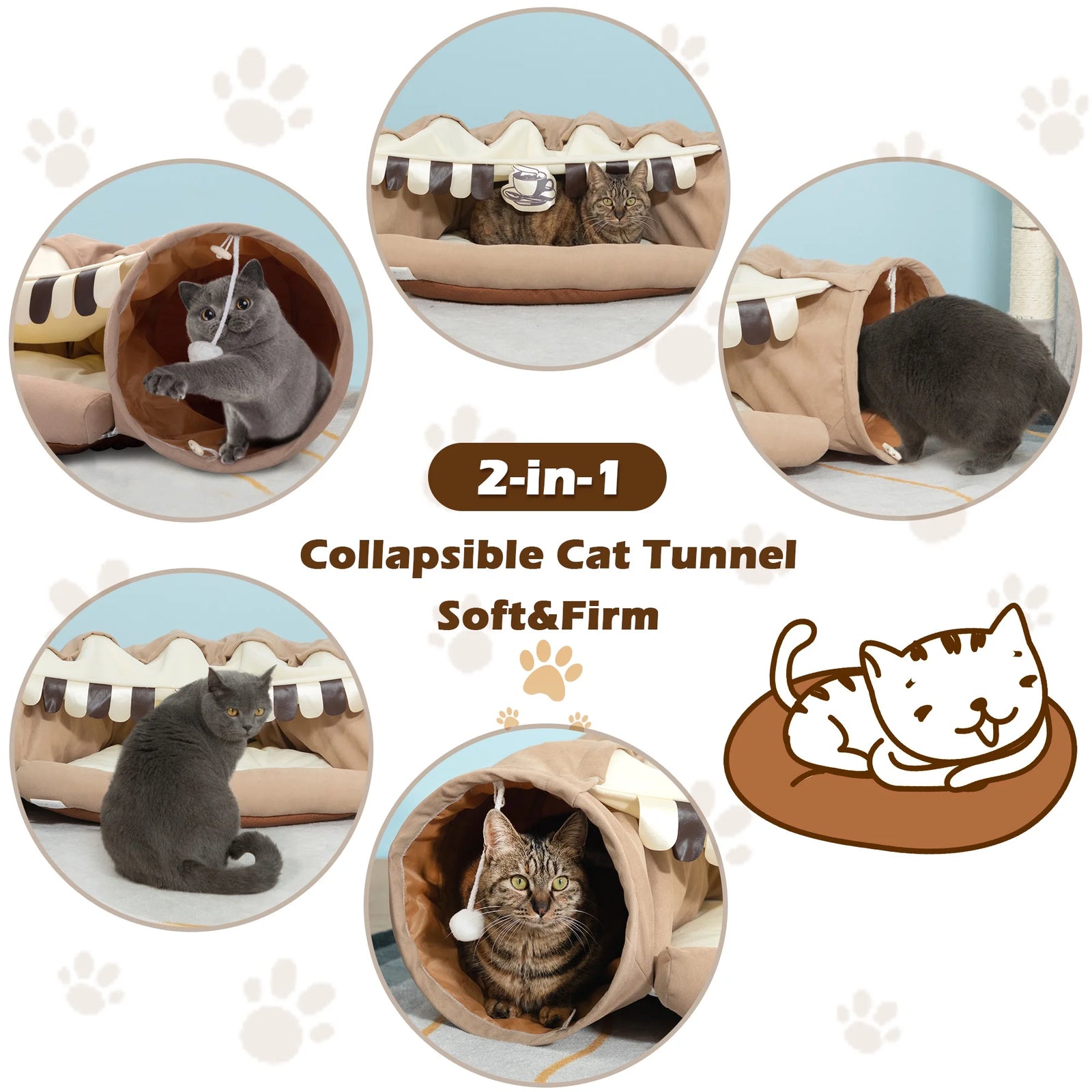 2-In-1 Cat Tunnel Bed, Cat Tube with Collapsible Washable Mat for Indoor Cats, Coffee