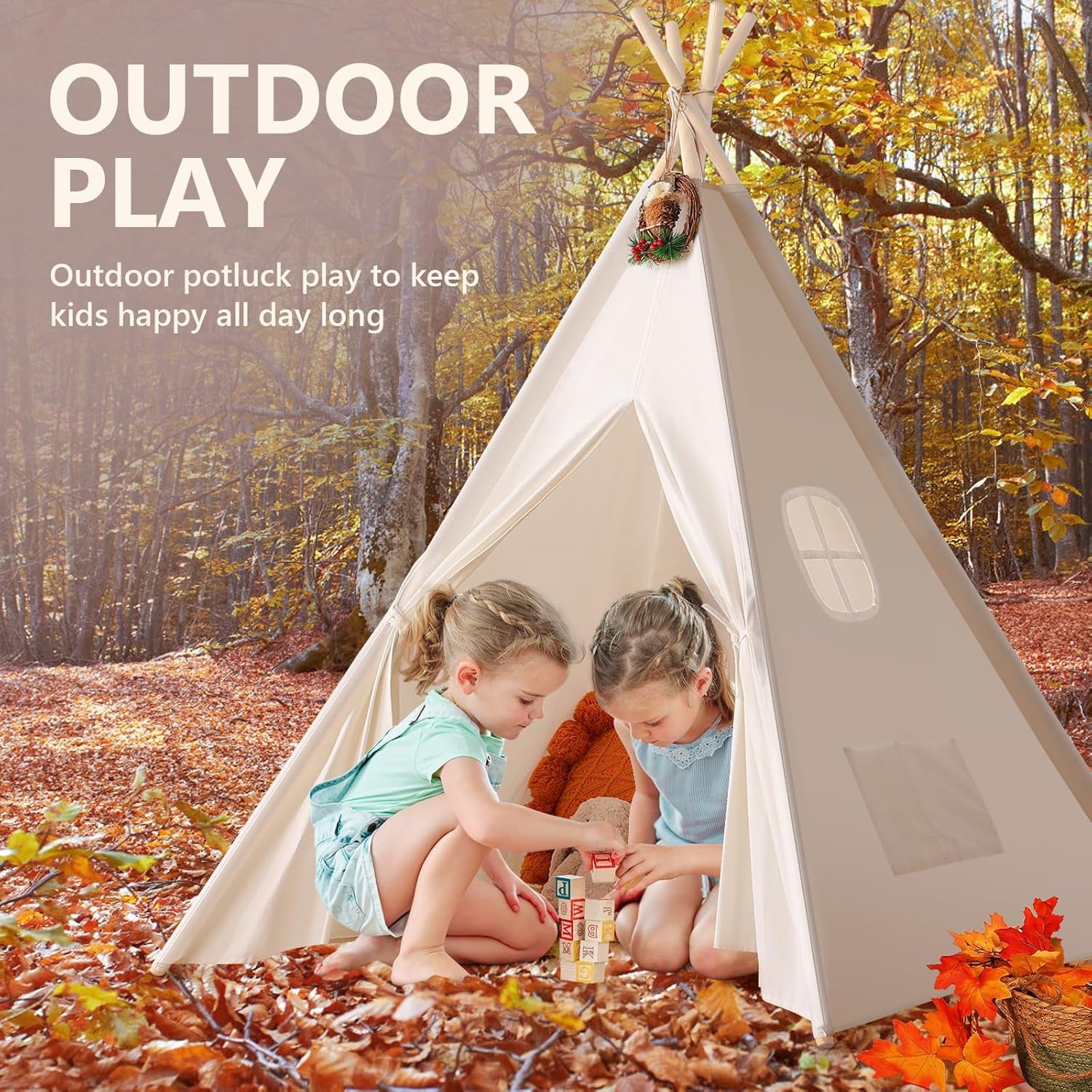 Teepee Tent for Kids with Carry Case, Natural Cotton Canvas Teepee Play Tent, Toys for Girls/Boys Indoor & Outdoor Playing