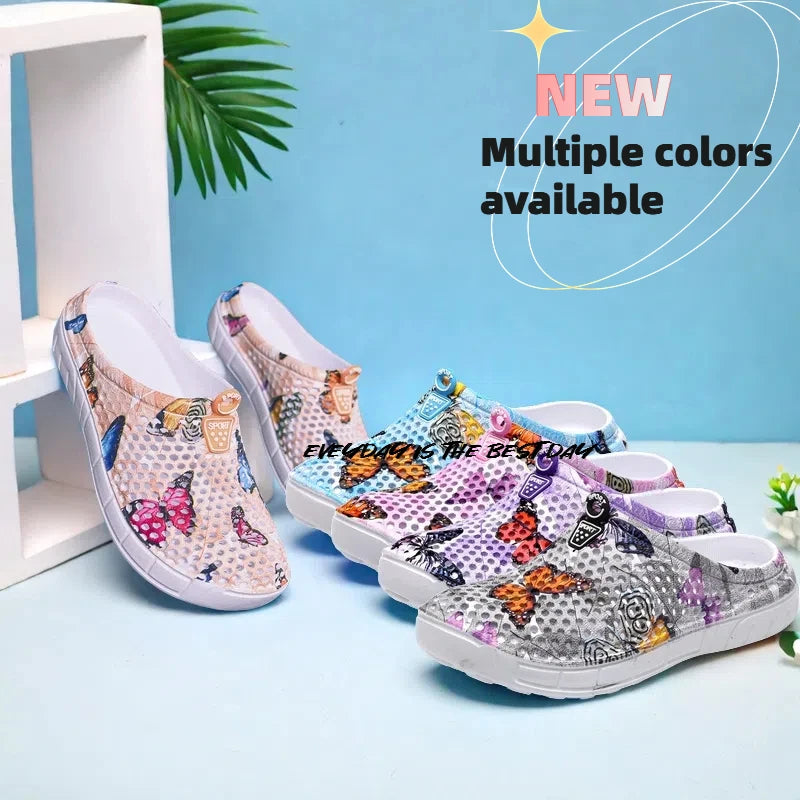 Women's Lightweight Slip-On Clog Shoes Butterfly Print Flat Bottom Indoor Outdoor Beach Casual Sandals Comfortable Home Slippers