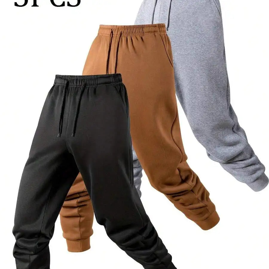 3pcs Men's Fleece Lined Solid Jogger Sweatpants With Drawstring, Casual Sports Trousers For Autumn And Winter