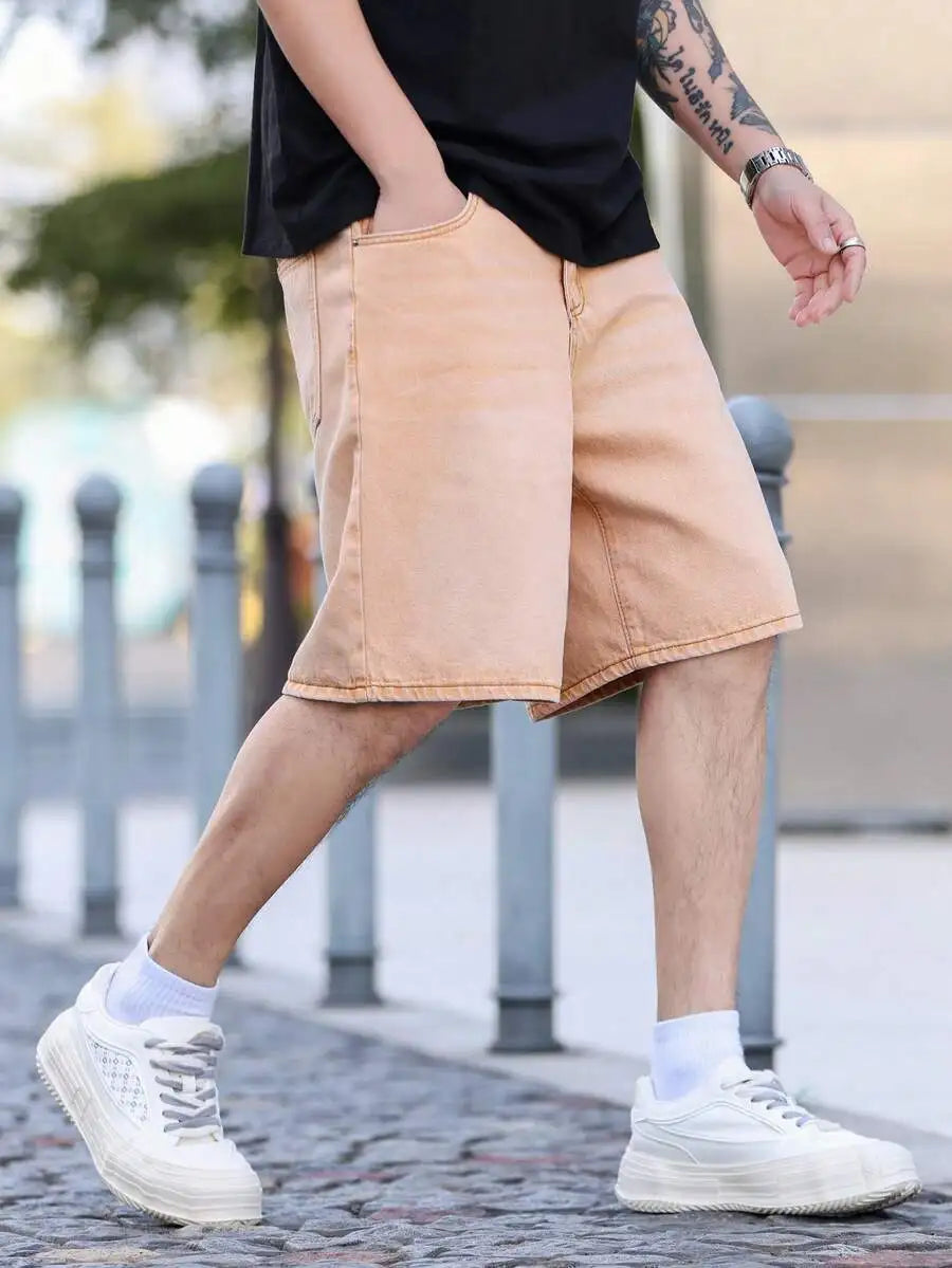 Manfinity Roughcore Men Slant Pocket Denim Shorts Summer Plain Jorts Baggy Light Grey For Husband, Boyfriend Gifts Vacation