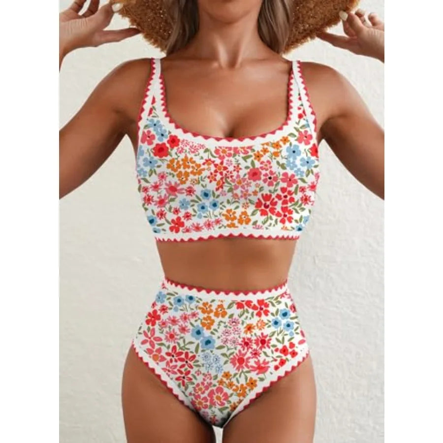 Women's Bikini Sets Floral Print Whip Stitch 2 Pcs Swimsuits High Waisted Scoop Bathing Suits