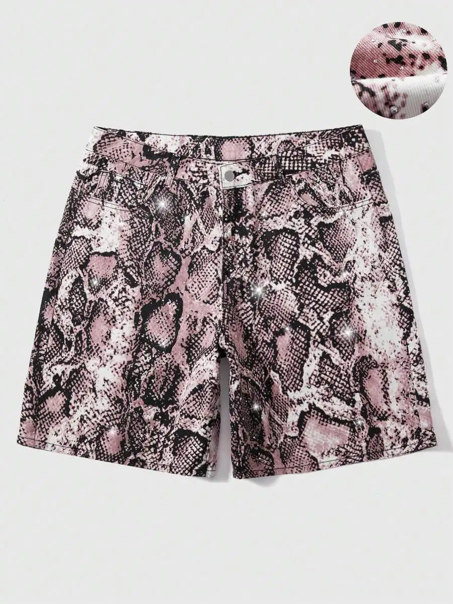 Street Life Casual Fashion Street Vacation Commute Colorful Rhinestone Patchwork PU Leather Loose Denim Shorts,