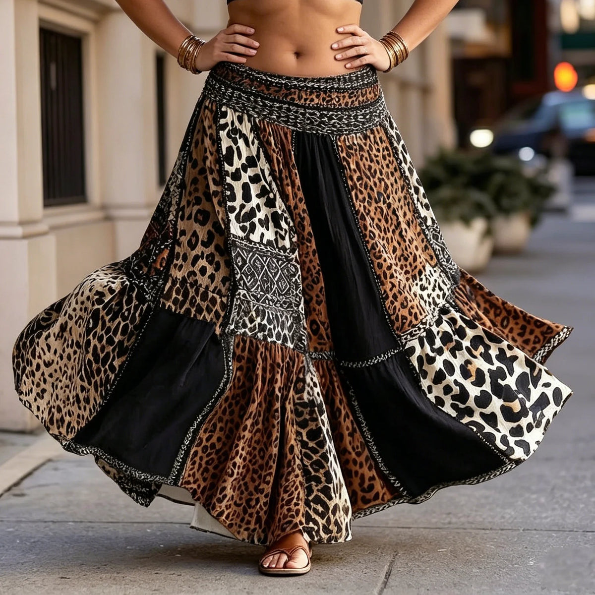 Boho Style Women Summer High Waist Patchwork Leopard Print Tiered Maxi Skirt