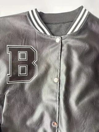 Plus size women's PU leather cropped baseball jacket letter embroidery striped ribbed hot girl style slim fit jacket coat