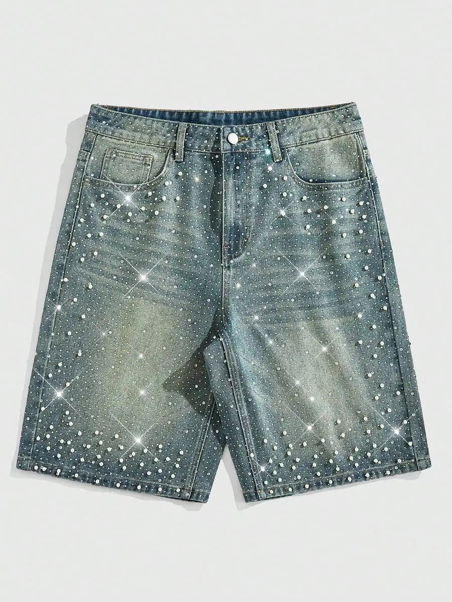 ROMWE MEN Street Life Spring/Summer Casual Men'S Pearl & Diamond Decor Loose Denim Shorts