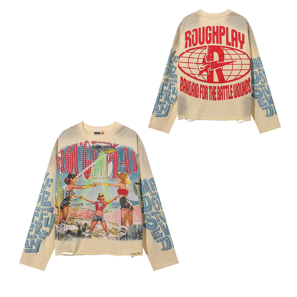 New American Style Rough Play Splicing Shinning Diamond 100% Cotton long sleeves T-shirts for Men Women Crew Neck Loose Summer T-shirt Oversized Tees