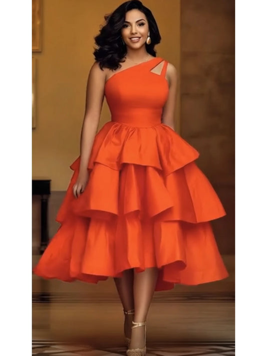 One Shoulder Cutout Tiered Midi Dress For Women High Waist Ruffle Layered Flared Cocktail Party Formal Wedding Guest Dress