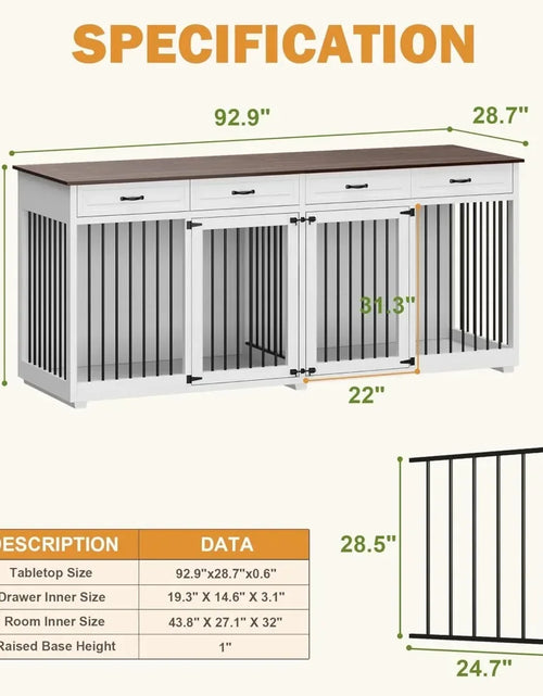 Load image into Gallery viewer, Dog Crate Extra Large 93&quot; Heavy Duty Double Rooms Dog Kennel with Drawers &amp; Removable Divider, Indoor Luxury Dog House TV Stand
