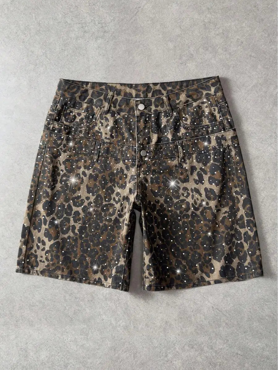 Street Life Casual Fashion Street Vacation Commute Colorful Rhinestone Patchwork PU Leather Loose Denim Shorts,
