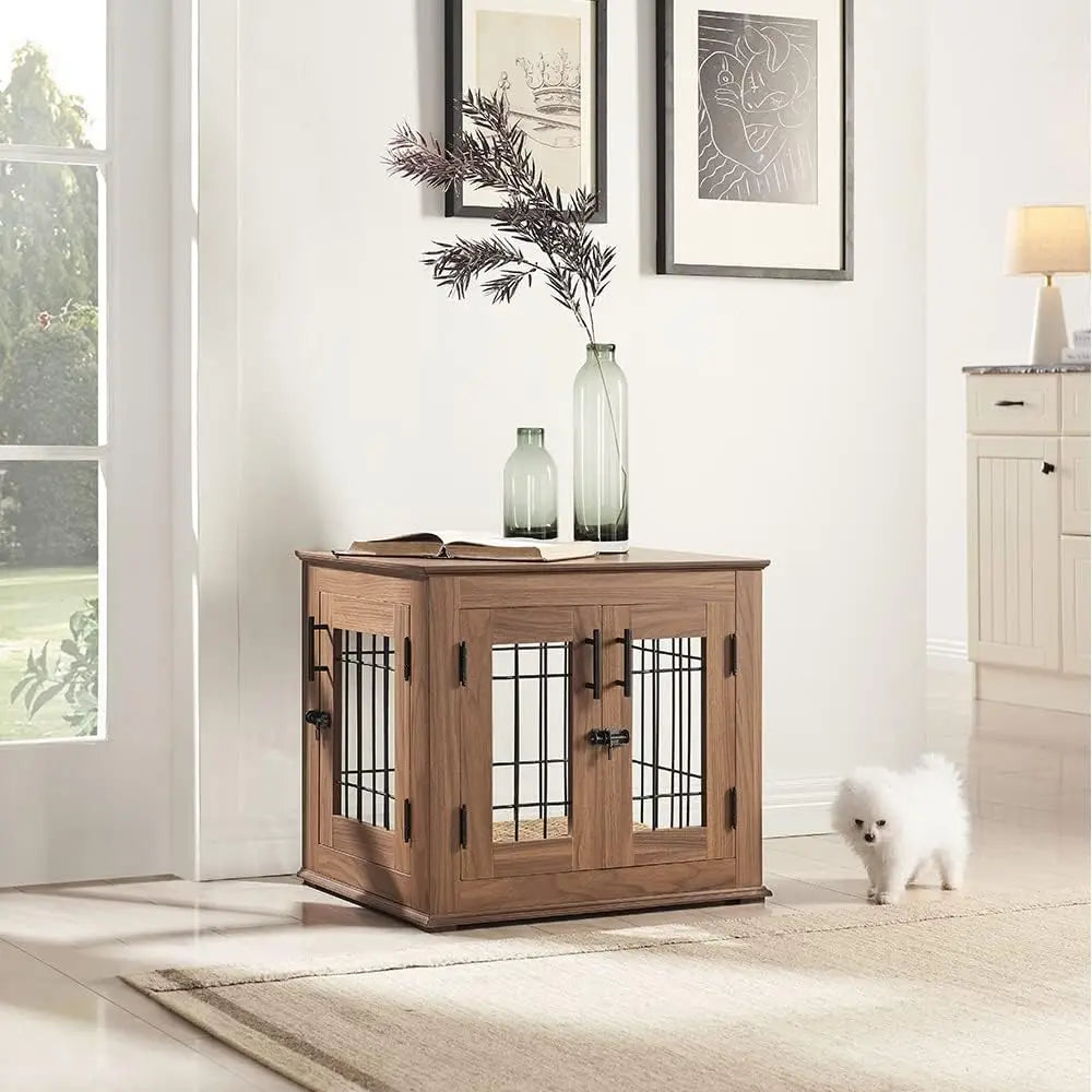 Furniture Style Dog Crate End Table, Double Doors Wooden Wire Dog Kennel with Pet Bed, Decorative Pet Crate Dog House