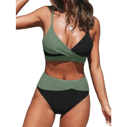 Women's Bikini Sets Two Pcs Swimsuit High Waisted V Neck Twist Front Adjustable Spaghetti Straps Bathing Suit