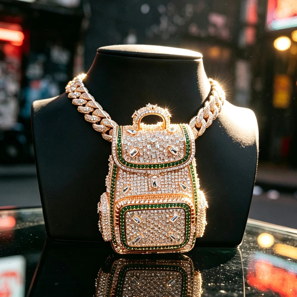 Luxury 18K Rose Gold Plated  Mini Backpack Pendant Full Diamond Clear Green Cubic Zirconia Hip Hop Jewelry Wealth Bag Charm Bling Necklace Accessories for Men Women Rap Club Daily Doller Money Bag Design Fine Jewelry Gifts fo
