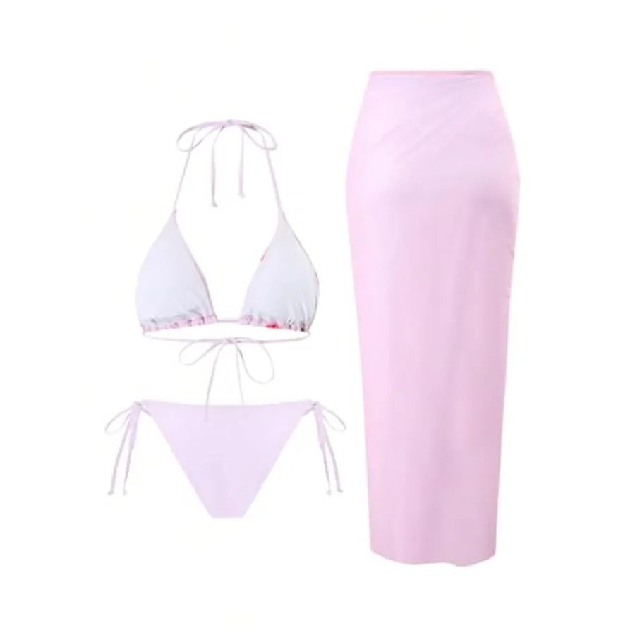 Womens 3pcs Swimsuit Floral Halter Triangle Bikini Top Tie Side Bottom with Long Sheer Cover Up Skirt