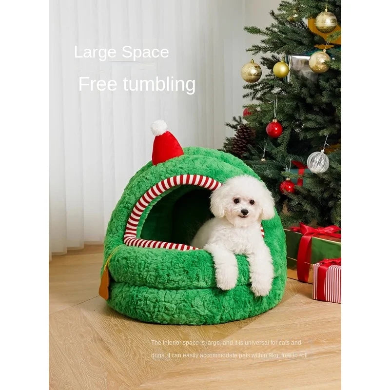 Christmas Bag Mongolian  Cat Nest Winter Warm  Large Space Semi-Enclosed Removable and Washable Pet Bed