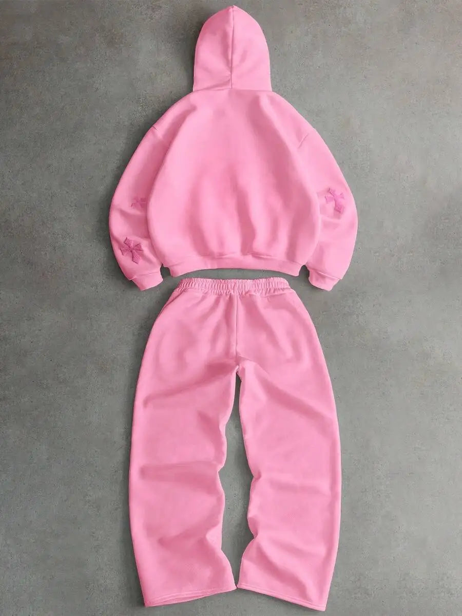 PAVTROS Streetwear Pink Autumn Holiday Set,Cross Full-Print Towel With 3D Embroidery Sweatshirt & Hoodie Set,Outdoor