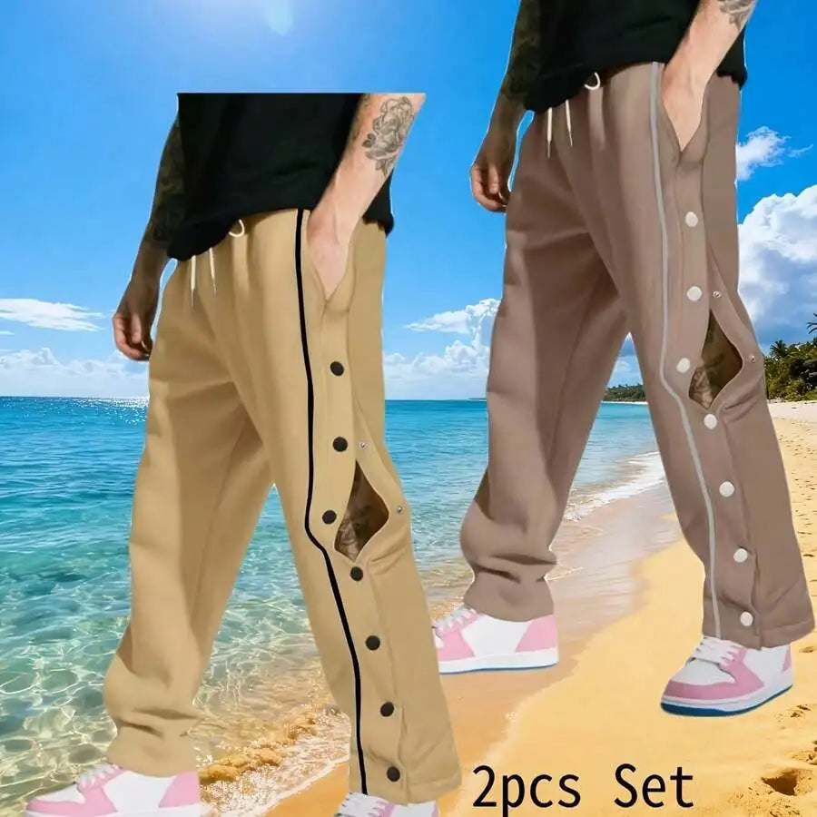 2pcs Set Mens Snap Button Workout Sweatpants, Loose Fit Straight Tear Away Running Jogger Pants, Casual Stylish Gym Yoga