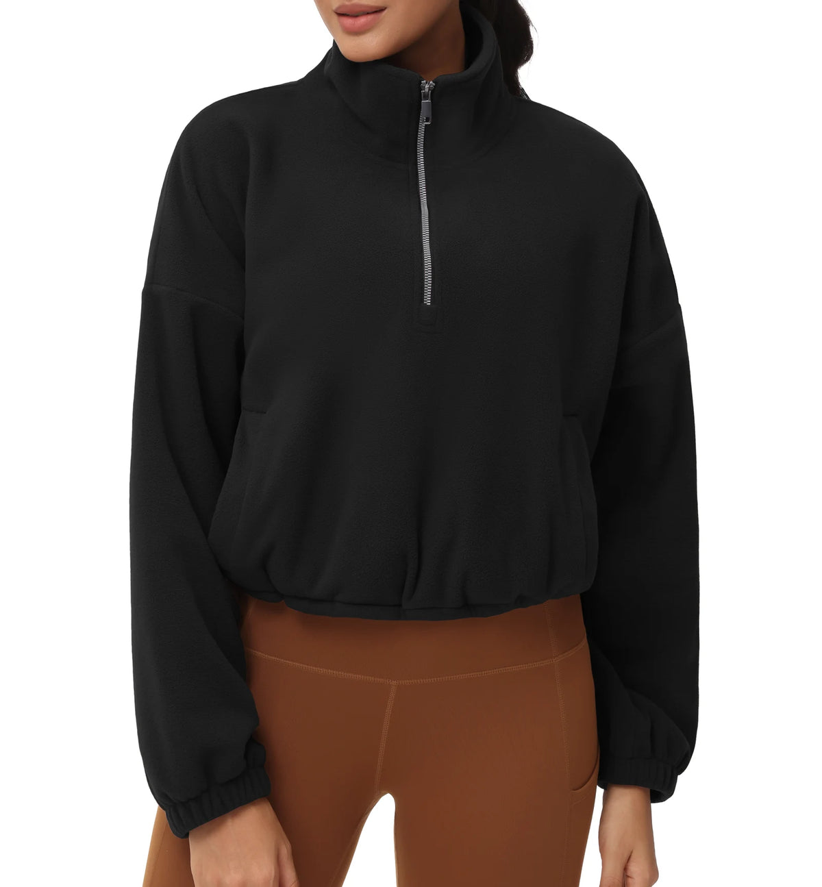 THE GYM PEOPLE Women’s Half Zip Crop Pullover Sweatshirt Fleece Loose Fit Workout Tops with Pockets Drawstring Hem