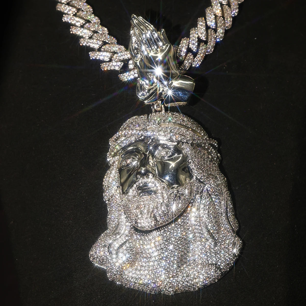 Iced Out Jesus Pendant Praying Hands Cubic Zirconia 18K Gold Plated Cuban Chain Hip Hop Mens Jewelry Shiny Diamond Street Rap Christian Nightclub Religious Bling Chest Statement Necklace Gift Urban Rapper Fine Jewelry Gifts f
