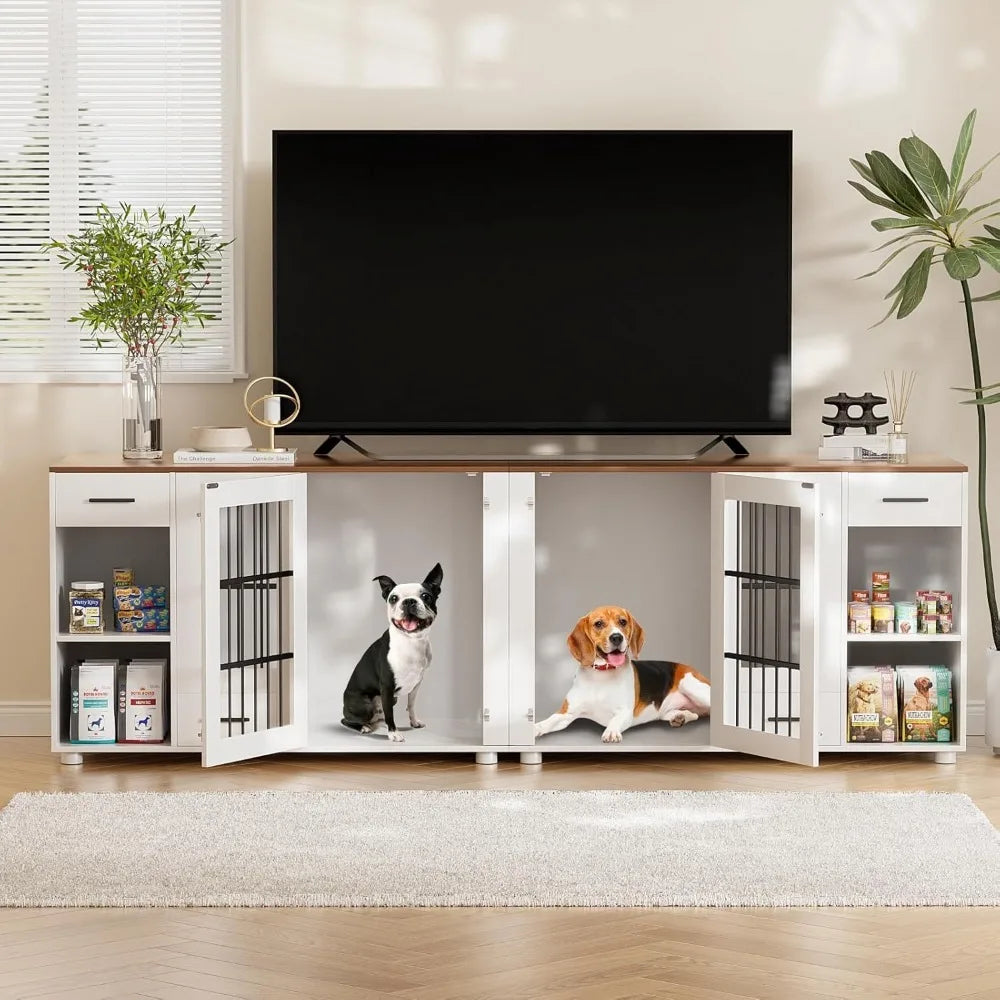 Dog Crate, Large Wooden Dog House with Drawers and Heavy Duty Kennel Indoor with Room Divider and TV Stand Cabinet, Dog Crate