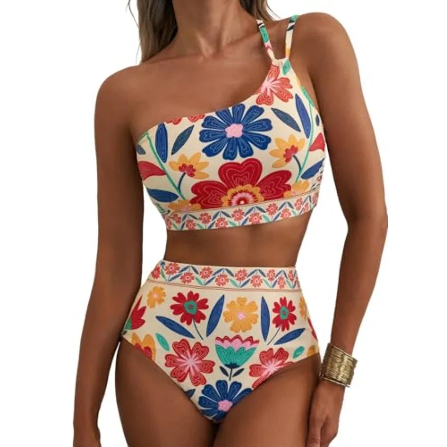 Women's High Waisted Bikini Sets One Shoulder Floral Print Swimsuits 2 Pcs Tummy Control Bathing Suits