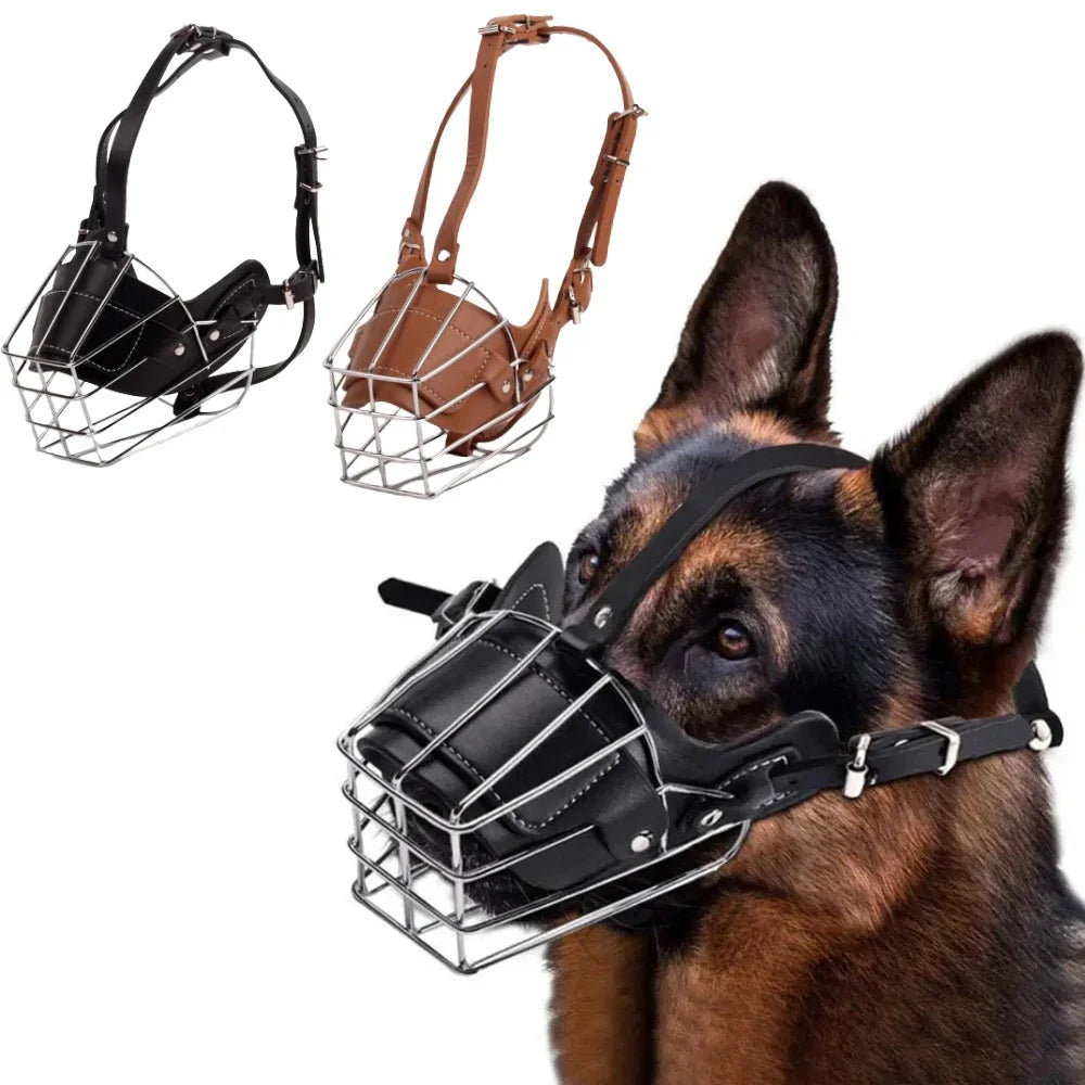 Pet Dog Anti-Bite Metal Muzzle Breathable Adjustable Leather Training Collar Dogs Harness Accessories Suitable Bulldog Pitbull