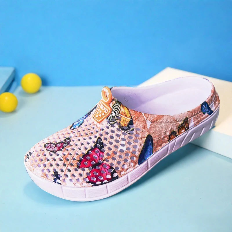 Women's Lightweight Slip-On Clog Shoes Butterfly Print Flat Bottom Indoor Outdoor Beach Casual Sandals Comfortable Home Slippers