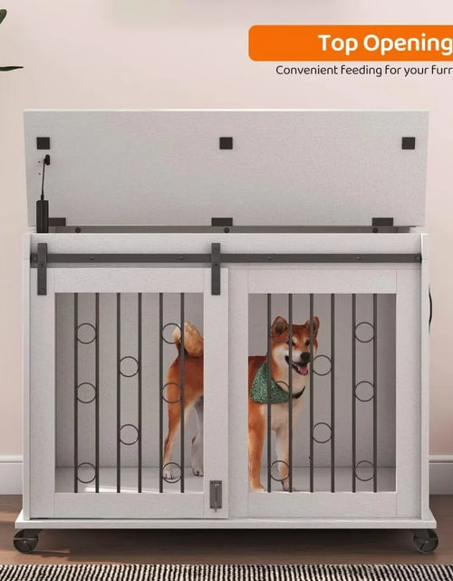 Load image into Gallery viewer, Dog Crate, End Table with Wheels and Flip Top Plate Dog House with Detachable Divider and Sliding Barn Door, Dog Crate
