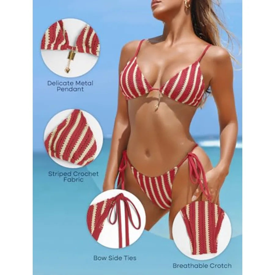 Crochet Bikini Sets for Women Cheeky Boho Bathing Suits Striped Brazilian High Cut Thong Bikini Swimsuit for Vacation