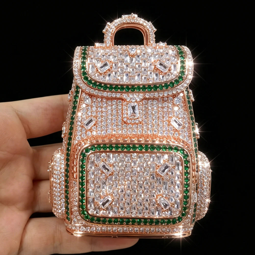 Luxury 18K Rose Gold Plated  Mini Backpack Pendant Full Diamond Clear Green Cubic Zirconia Hip Hop Jewelry Wealth Bag Charm Bling Necklace Accessories for Men Women Rap Club Daily Doller Money Bag Design Fine Jewelry Gifts fo
