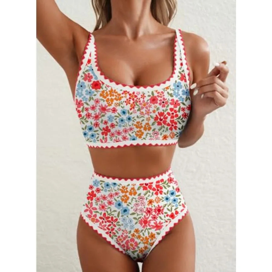 Women's Bikini Sets Floral Print Whip Stitch 2 Pcs Swimsuits High Waisted Scoop Bathing Suits