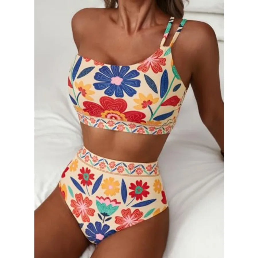 Women's High Waisted Bikini Sets One Shoulder Floral Print Swimsuits 2 Pcs Tummy Control Bathing Suits
