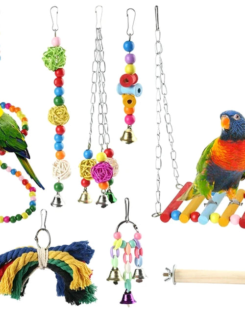 Load image into Gallery viewer, 8pcs Bell Natural Wood Safe Hammock Lanyard Ladders Pet Supplies Parrot Swing Toy For Bird Portable Multi Functional Chewing
