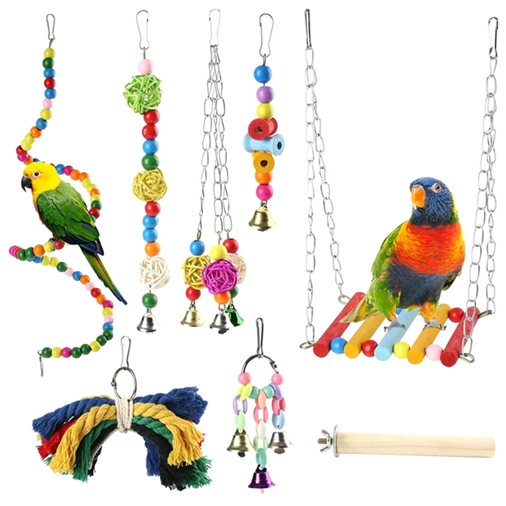 8pcs Bell Natural Wood Safe Hammock Lanyard Ladders Pet Supplies Parrot Swing Toy For Bird Portable Multi Functional Chewing