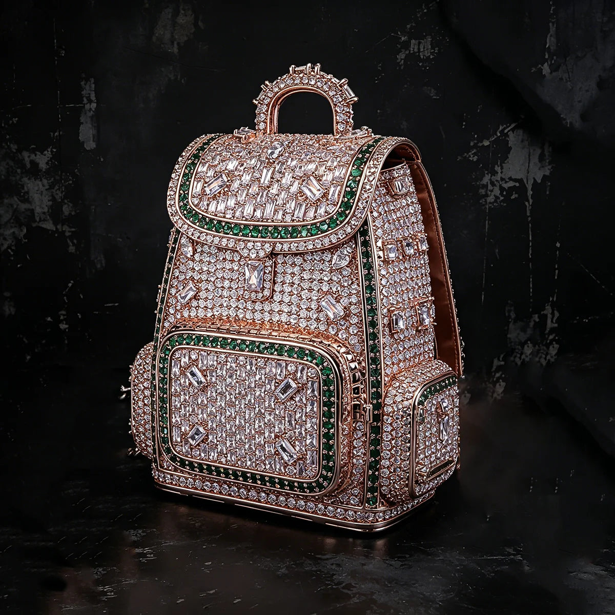 Luxury 18K Rose Gold Plated  Mini Backpack Pendant Full Diamond Clear Green Cubic Zirconia Hip Hop Jewelry Wealth Bag Charm Bling Necklace Accessories for Men Women Rap Club Daily Doller Money Bag Design Fine Jewelry Gifts fo