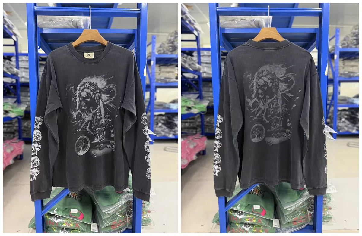 New Y2K Saint × West-Coast Choppers Co branded long sleeved washed distressed cross print 100% pure cotton loose men's long sleeved T-shirt