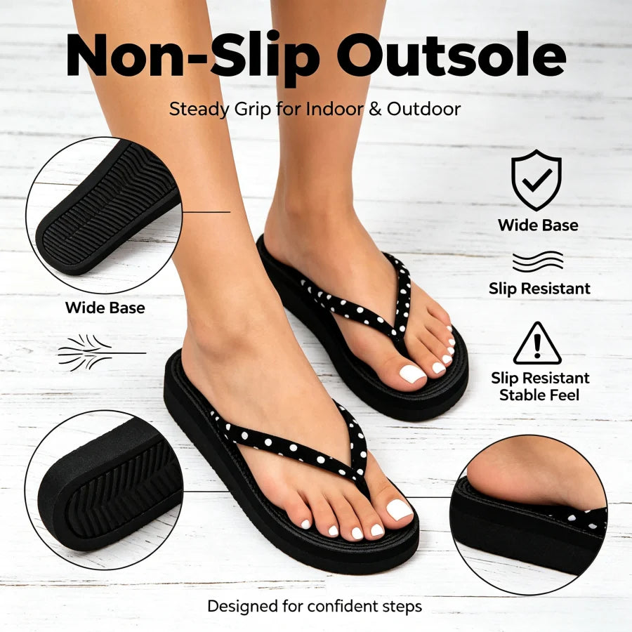 Ladies' Black And White Polka Dot Thin Strap Thick-soled Flip-flops, Soft Cloth Surface Sandals Anti-slip Lightweight Thick-soled Summer Slippers