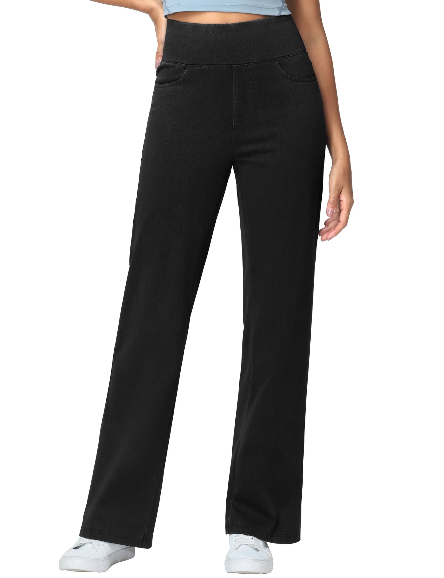 THE GYM PEOPLE Women's Wide Leg Jeans High Waisted Pull on Stretchy Baggy Basic Straight Denim Pants with Pockets