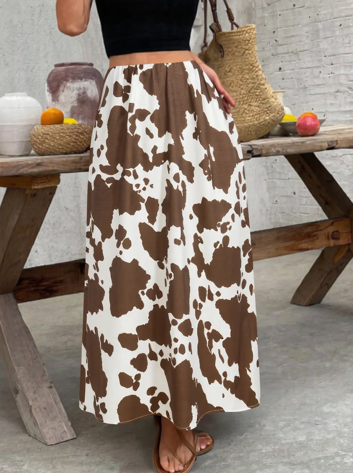 Ladies High-Waist A-Line Skirt with Cow Print Versatile for Daily Commute Vacation Suitable Half-Length Skirt