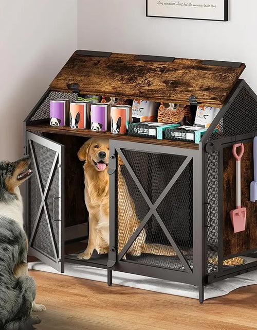 Load image into Gallery viewer, Dog Crate Furniture, Dog Kennels with Storage, Heavy Duty House Style Dog Pet Home with Two Doors Carpet and Bowls, Re
