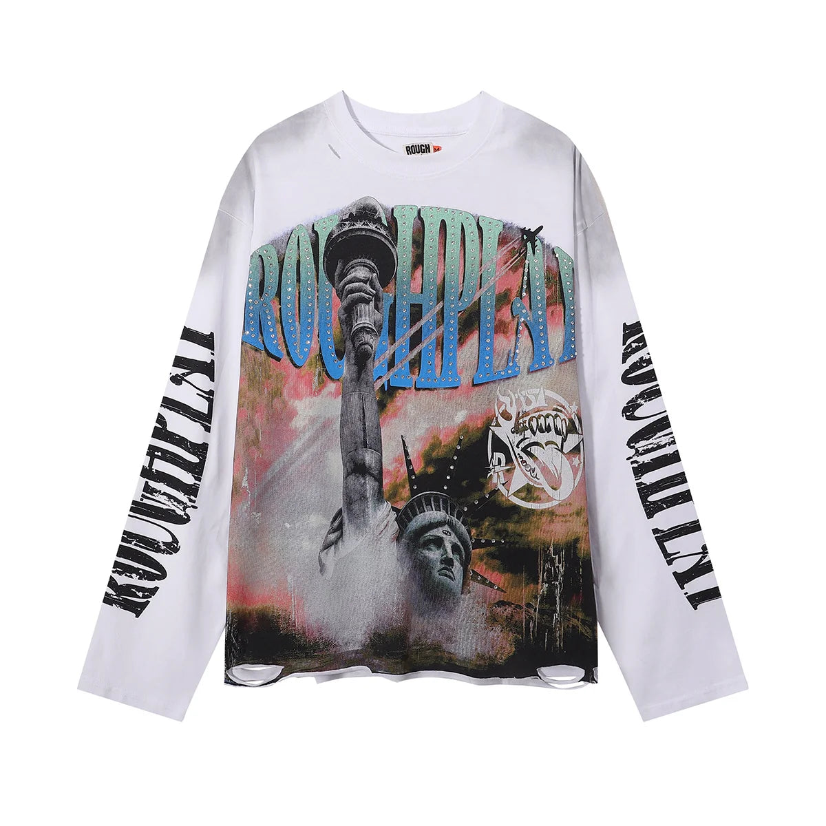 New American Style Rough Play Splicing Shinning Diamond 100% Cotton long sleeves T-shirts for Men Women Crew Neck Loose Summer T-shirt Oversized Tees