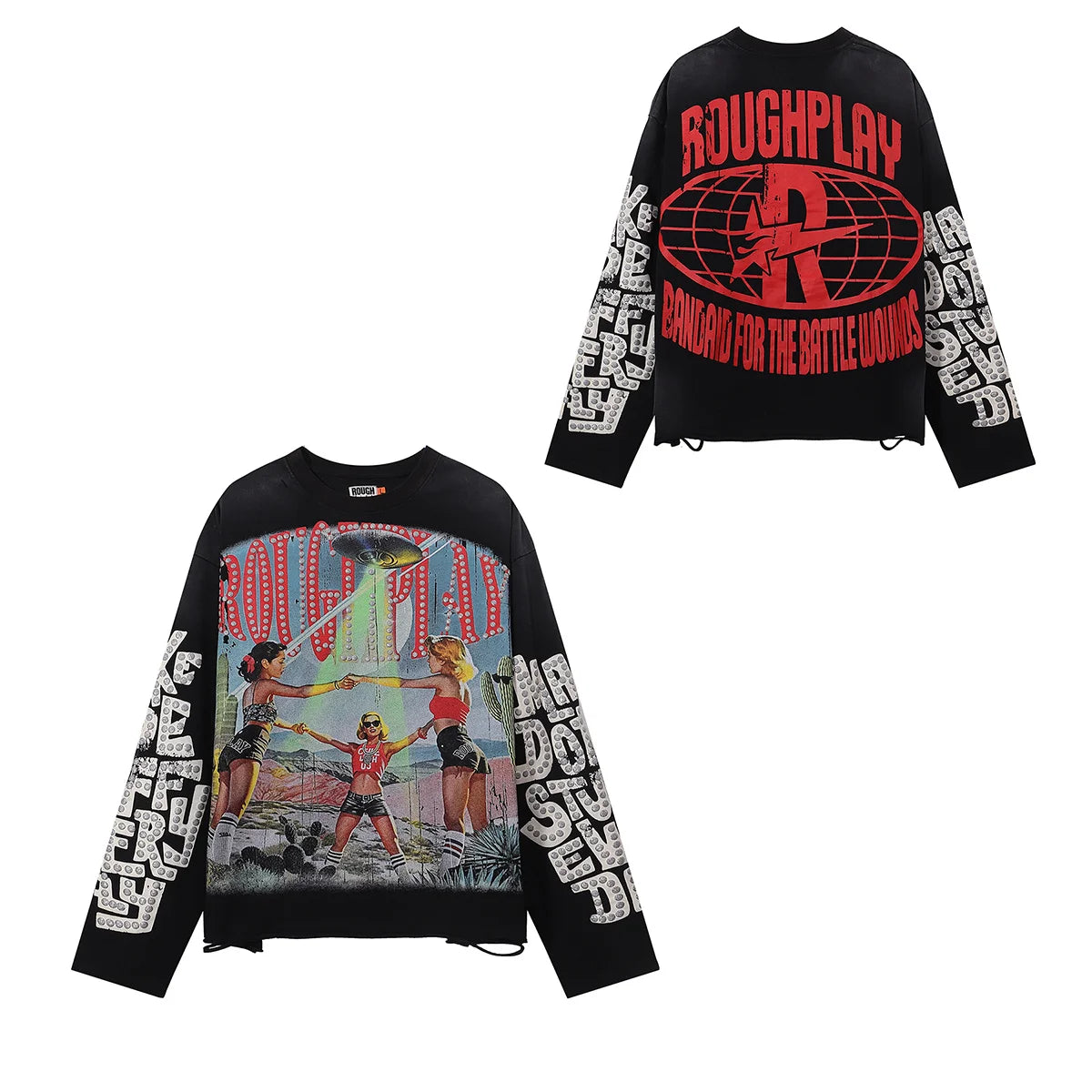 New American Style Rough Play Splicing Shinning Diamond 100% Cotton long sleeves T-shirts for Men Women Crew Neck Loose Summer T-shirt Oversized Tees