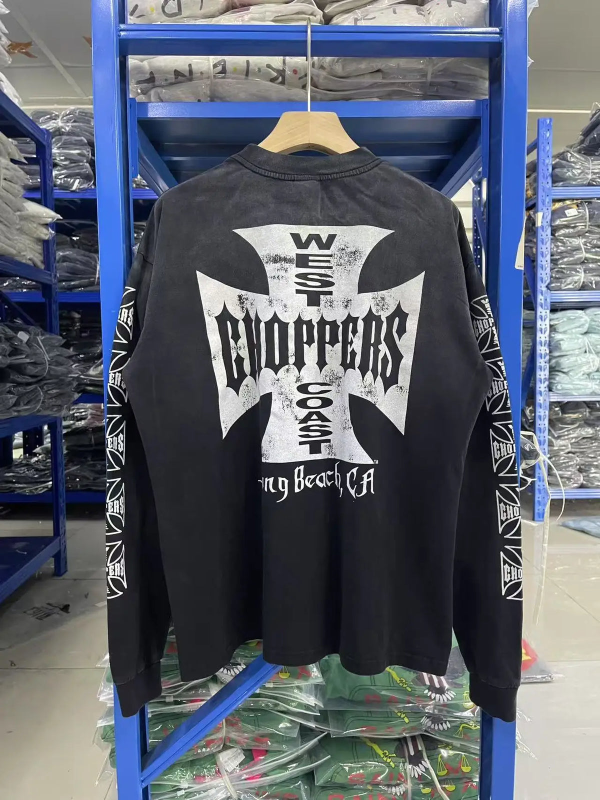New Y2K Saint × West-Coast Choppers Co branded long sleeved washed distressed cross print 100% pure cotton loose men's long sleeved T-shirt