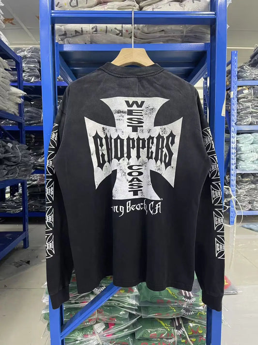 New Y2K Saint × West-Coast Choppers Co branded long sleeved washed distressed cross print 100% pure cotton loose men's long sleeved T-shirt