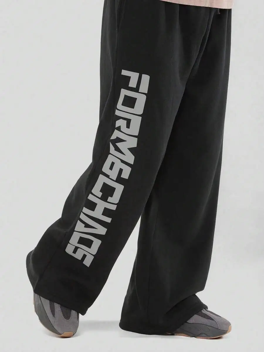 Casual Relaxed Fit Joggers - Black Premium Fleece Sweatpants With 3D Lettering, Retro Urban Streetwear