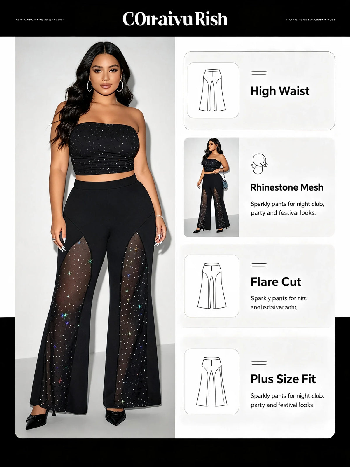 Plus Size Women Mesh Rhinestone Flare Pants High Waist See Through Sparkly Bell Bottom Trousers Night Club Party Black Pants