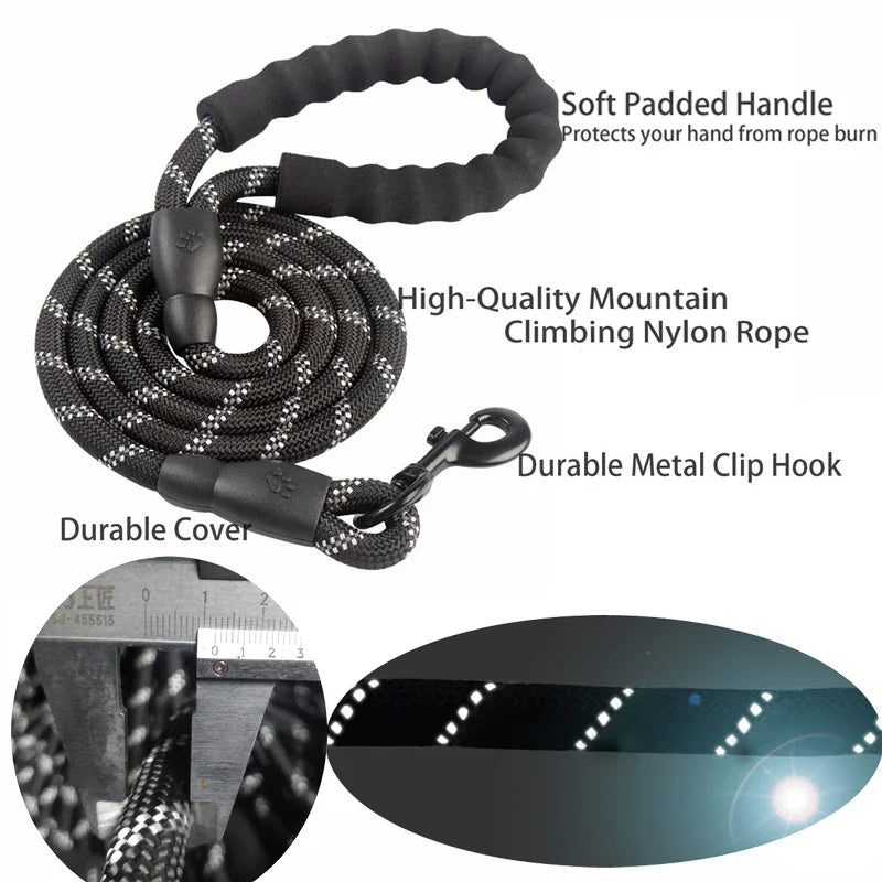 1.5M/2M/3M Large Dog Rope Round 1.2CM Nylon Pet Leash Strengthen Reflective Rope Walking Dog Traction Collar Harness Dog Lead